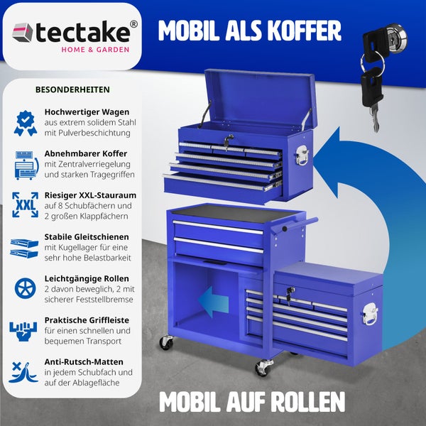 Werkzeugwagen tectake  Rollen Ø 100 mm 8 kugelgelagerte Schubladen mit Antirutschmatten blau
