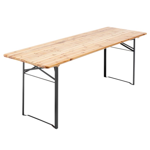 Unterseite eines zusammengeklappten Biertisches aus Holz mit einklappbarem Metallgestell.