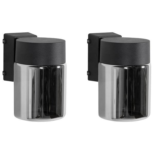 Zwei moderne Außenwandleuchten mit schwarzer Halterung und zylindrischem Schirm aus Rauchglas.