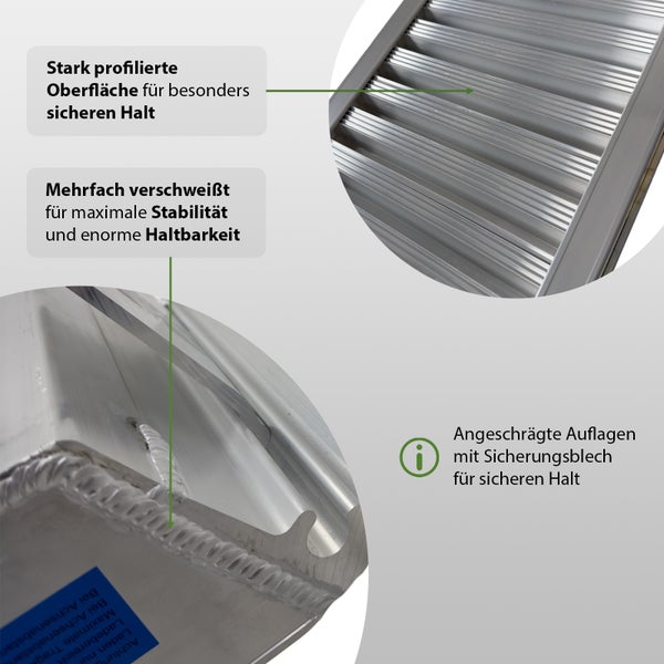 Detailansicht einer Aluminiumrampe mit profilierter Oberfläche, mehrfachen Schweißnähten und angeschrägten Auflagen