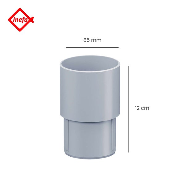 Inefa Regenrohr-Adapter aus grauem Kunststoff mit einem Durchmesser von 85 Millimeter und einer Höhe von 12 Zentimeter. Inefa Logo.