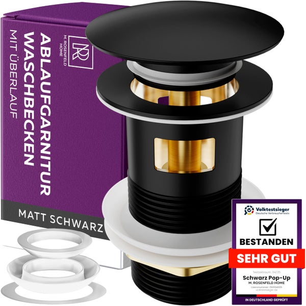 Waschbecken Ablaufgarnitur in mattschwarz mit Überlauf und M. Rosenfeld Home Logo