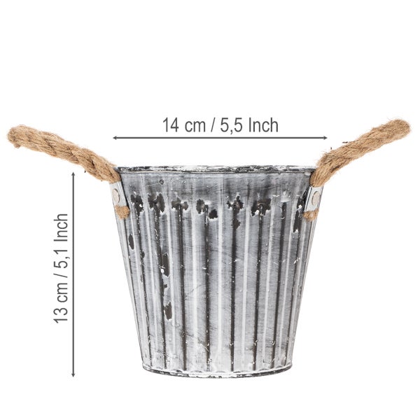 Dekorativer Zinkeimer mit Seilgriffen, Höhe 13 Zentimeter, Durchmesser 14 Zentimeter.