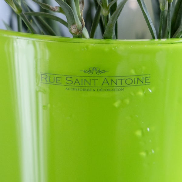 Nahaufnahme eines grünen Pflanztopfs mit dem Rue Saint Antoine Logo.