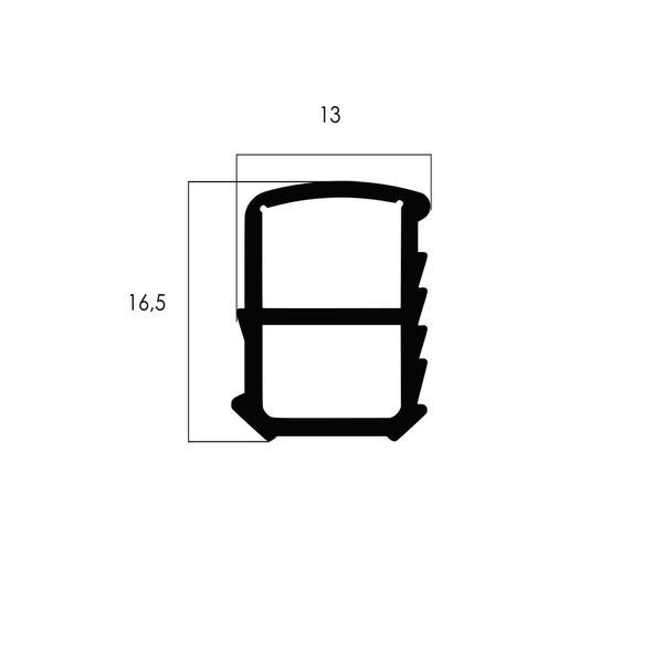 Technisches Diagramm eines Profilquerschnitts mit den Maßen 13 Millimeter Breite und 16,5 Millimeter Höhe.