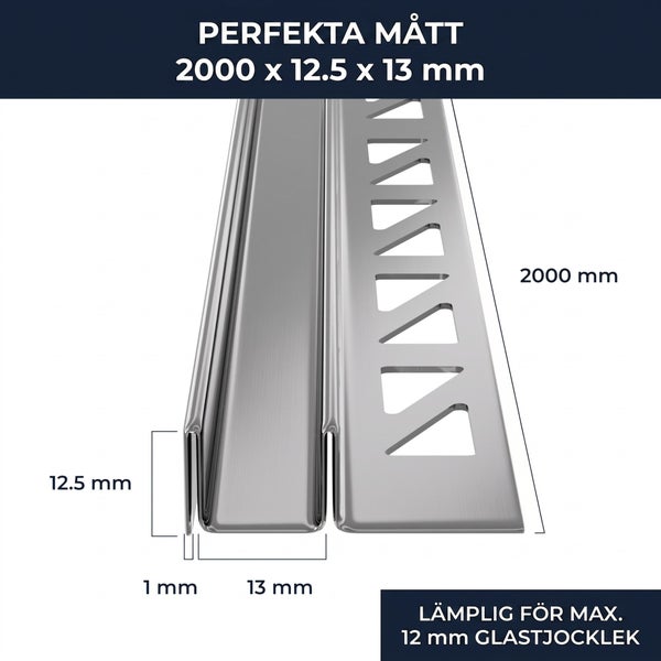 Metall-Glasprofil mit Maßen: Länge 2000 Millimeter, Breite 13 Millimeter, Höhe 12,5 Millimeter. Für maximal 12 Millimeter Glasstärke.