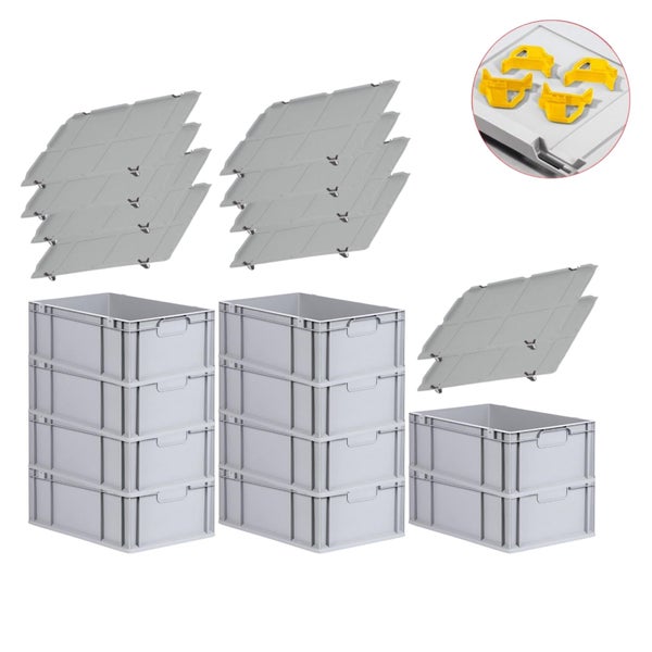 PROREGAL Spar Set 10x Eurobox Nextgen Economy Mit Auflagedeckel & 4x Schiebeschnappverschlüsse Gelb Griffe Geschlossen HxBxT 22 x 40 x 60 cm 44 Liter
