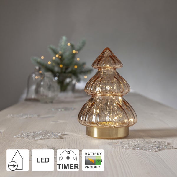 Dekorative LED-Tischleuchte in Tannenbaumform aus Glas mit Timerfunktion und Batteriebetrieb.