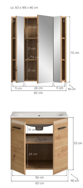 Zweiteiliges Badmöbel-Set in Eichenoptik mit Spiegelschrank und Waschbeckenunterschrank inklusive Maßangaben in Zentimeter.