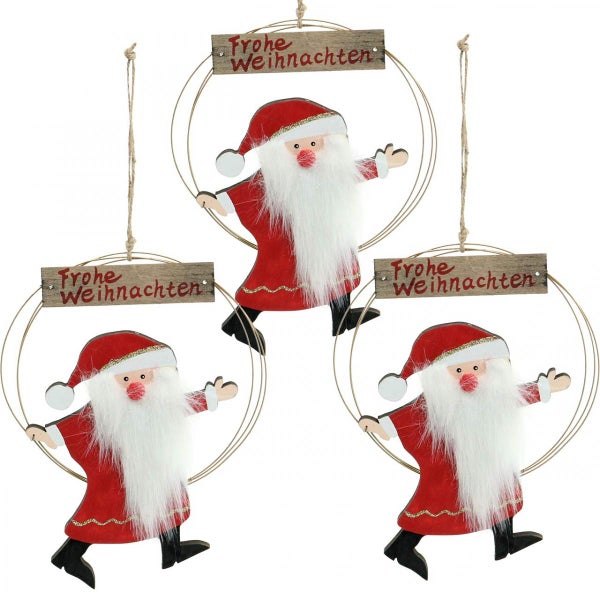 Drei Weihnachtsmannfiguren mit dem Schriftzug 'Frohe Weihnachten' als Weihnachtsdekoration