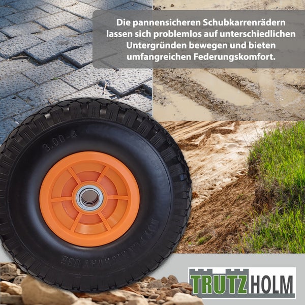 Schubkarrenrad mit pannensicherer Bereifung für verschiedene Untergründe