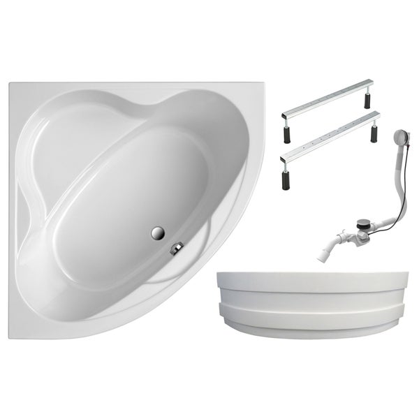 Eckbadewanne mit Füßen, Ablaufgarnitur und Wannenschürze