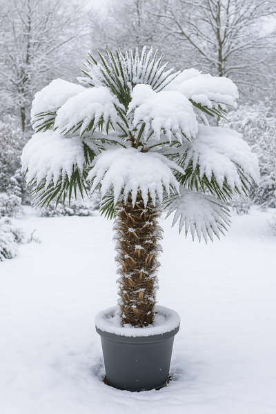 Hanfpalme im Topf unter Schneebedeckung