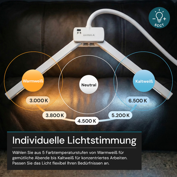 Luxula Schreibtischlampe mit zwei verstellbaren Armen und fünf einstellbaren Farbtemperaturen von 3000 Kelvin bis 6500 Kelvin.