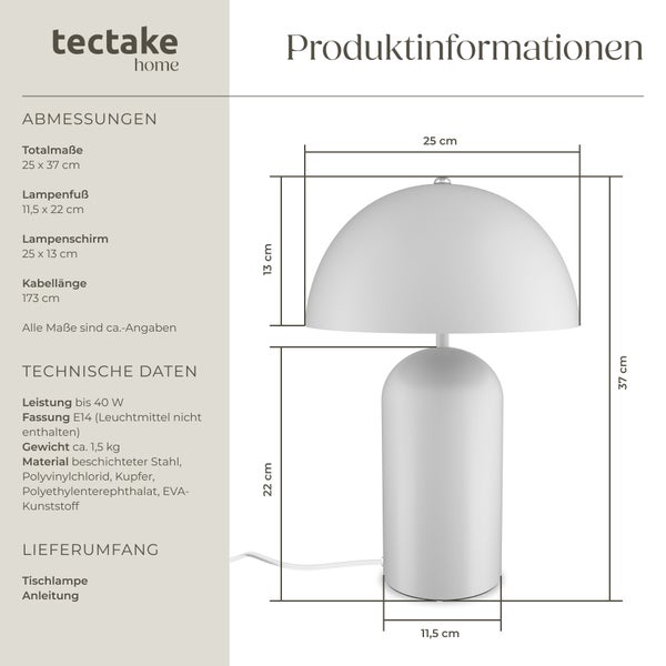 tectake Altea Kleine Retro-Tischlampe Altea, Pilzdesign, 40W 25 x 37 cm weiß