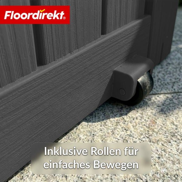 Detailansicht einer grauen Gerätebox mit Rollen für einfachen Transport. Floor direkt Logo.
