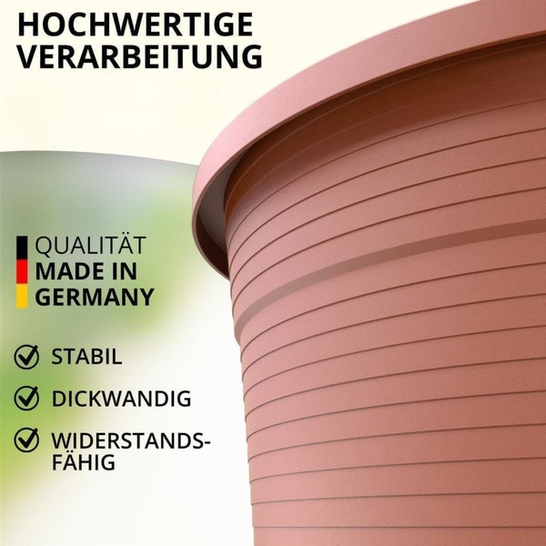 Detailansicht eines stabilen, dickwandigen Pflanztopfes mit hochwertiger Verarbeitung, hergestellt in Deutschland.