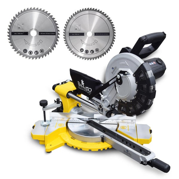 Gehrungssäge mit zwei Sägeblättern und Bamato Logo
