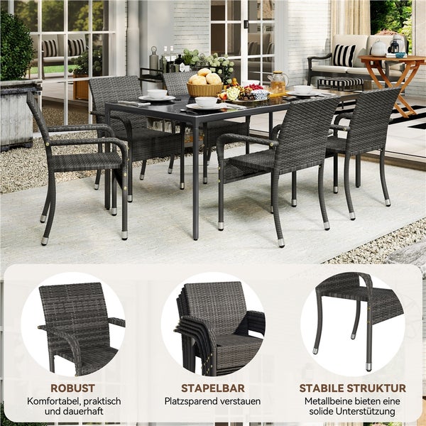 Gartenmöbel-Set mit einem rechteckigen Tisch und sechs stapelbaren Gartenstühlen aus Polyrattan auf einer hellen Terrasse. Die Metallbeine sind stabil.