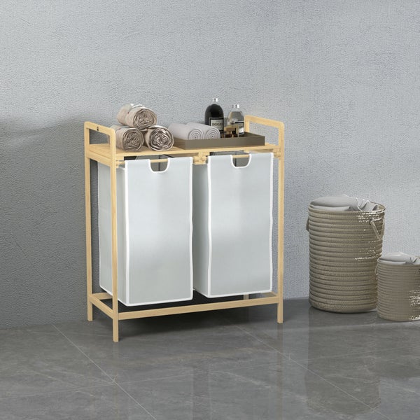 HOMCOM Bambus Wäschekorb 2 Fächer Wäschesammler mit Griff, 2 abnehmbaren Wäschesacke, Plattform, Wäschebox Wäschesortierer für Waschküche Schlafzimmer Badezimmer Natur+Creme