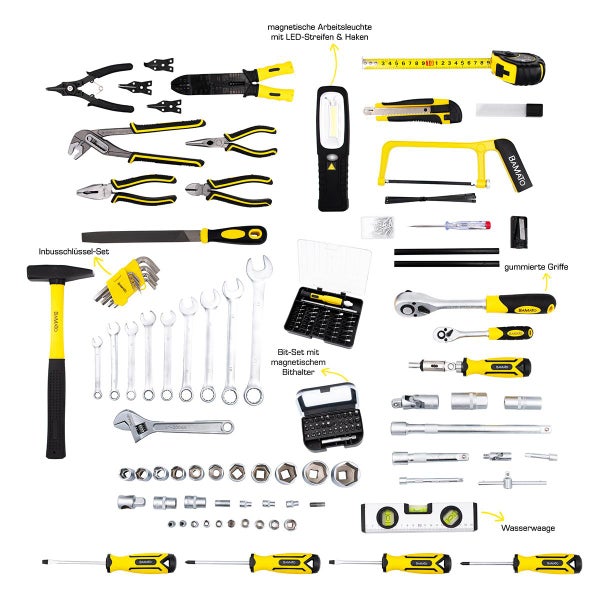 Werkzeugset mit Hammer, Schraubenschlüsseln, Zangen, Schraubendrehern, Bits, magnetischer Arbeitsleuchte mit LED Streifen, Haken, Wasserwaage und Rollbandmass.