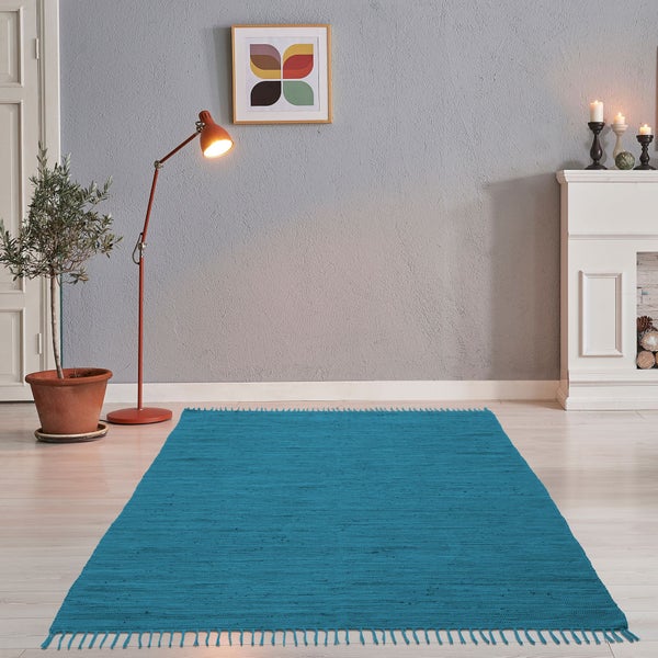 Handgewebter Fleckerlteppich aus Baumwolle Chindi Türkis 40x60 cm