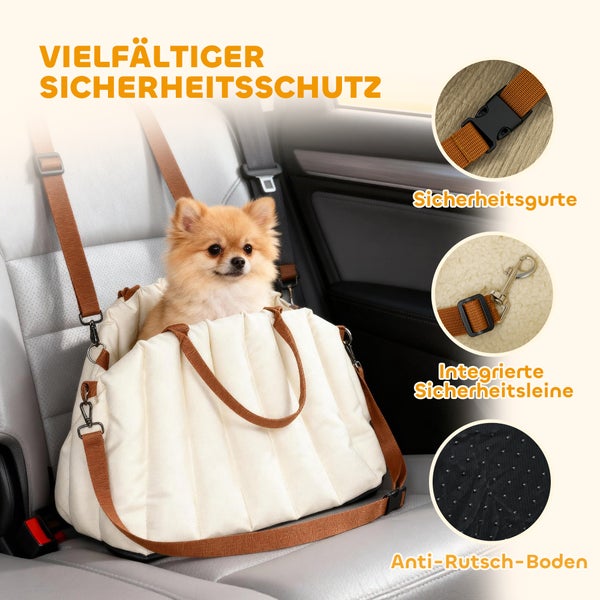 Hundesitz für das Auto mit Sicherheitsgurten, integrierter Sicherheitsleine und Anti-Rutsch-Boden.