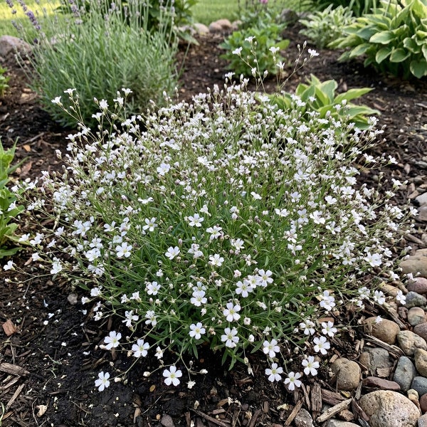 Teppich-Schleierkraut mit vielen kleinen weißen Blüten in einem Gartenbeet mit dunklem Mulch und Steinen.