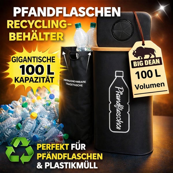 Big Dean Pfandflaschen Sammelbehälter mit 100 Liter Volumen und herausnehmbarer Tragetasche für Kunststoffflaschen und Recycling.