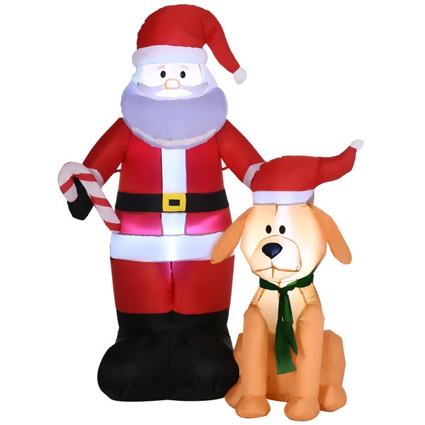 Outsunny 157 cm Aufblasbarer Weihnachtsmann mit Hund, Selbstaufblasende Weihnachtsbeleuchtung, 117L x 65B x 108H cm, Polyester-Gewebe, Rot