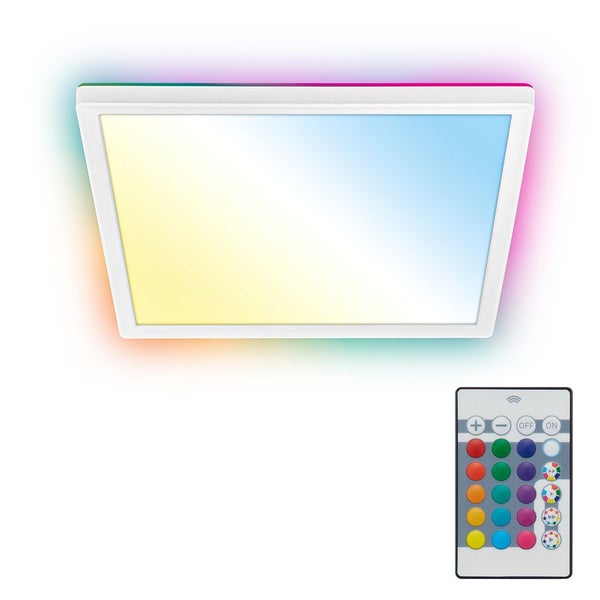 Rechteckiges LED-Panel mit mehrfarbiger Hintergrundbeleuchtung, Farbwechselfunktion und Fernbedienung.