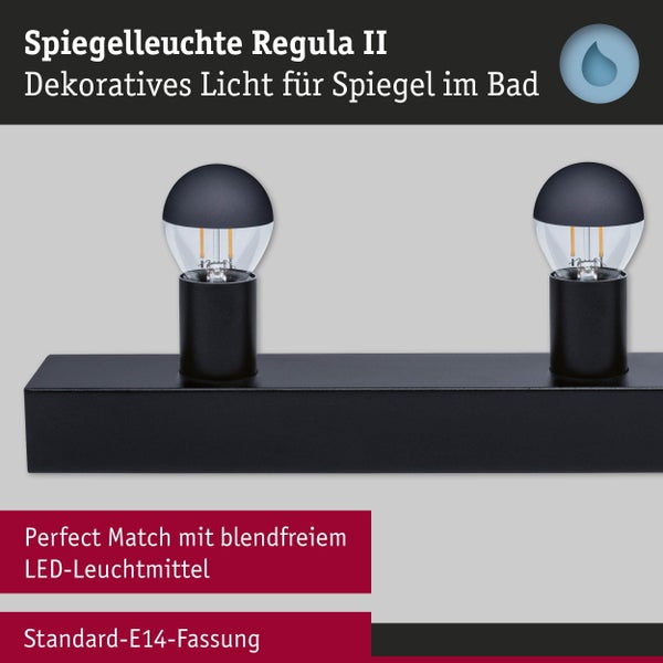 Spiegelleuchte Regula II für den Badspiegel, mit zwei E14 Fassungen und blendfreien LED Leuchtmitteln auf einem schwarzen Metallsockel.