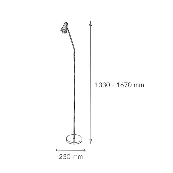 Skizze einer Stehlampe mit den Maßen 1330 bis 1670 Millimeter Höhe und 230 Millimeter Durchmesser
