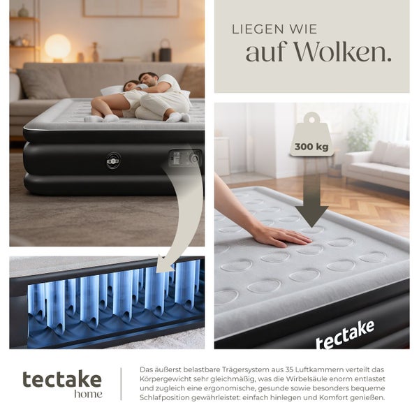 tectake Luftbett mit 35 Luftkammern, ergonomischem System, 300 Kilogramm Belastbarkeit, Innenstruktur und tectake home Logo.