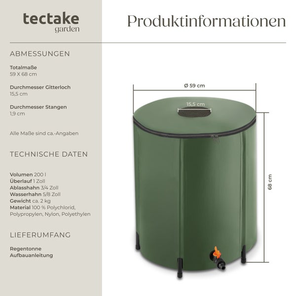 Faltbare Regentonne von tectake mit 200 Liter Fassungsvermögen inklusive Ablasshahn und Maßangaben in einer technischen Zeichnung.