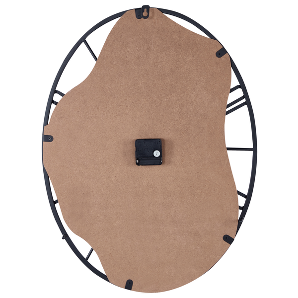 Rückansicht einer ovalen Wanduhr mit Metallrahmen, Rückwand aus Holzfaserplatte und Quarz-Uhrwerk mit Wandhalterung.
