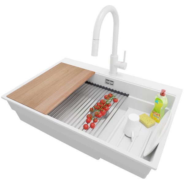 PRIMAGRAN Granitspüle Weiß 78x53cm, Spülbecken 1 Becken + Küchenarmatur 40x20cm + Ablauf-Set + Küchenzubehörset, Küchenspüle ab 80er Unterschrank - Oslo Max