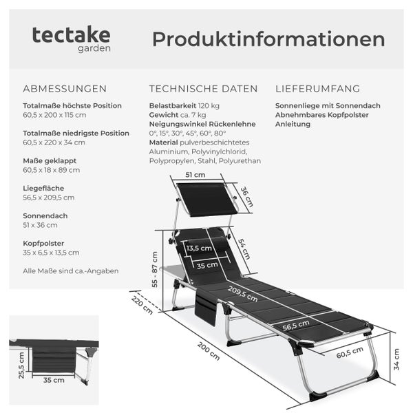 Sonnenliege tectake Lorella 220 x 60,5 x 34 cm, mit Seitentasche  gepolstert, klappbar schwarz