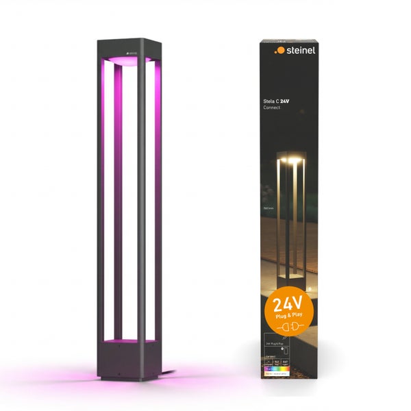 Steinel LED Wegeleuchte Stela C 24 Volt Connect in Anthrazit mit quadratischem Gehäuse und Originalverpackung.