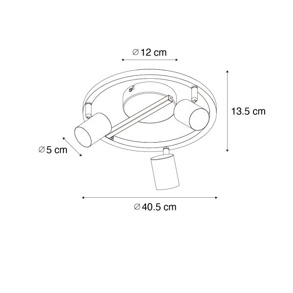 Technische Zeichnung einer Deckenleuchte mit drei Strahlern und Maßangaben