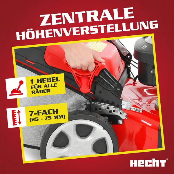 Zentrale Höhenverstellung eines Rasenmähers mit einem Hebel für alle Räder und 7-fach Einstellung von 25 bis 75 Millimeter