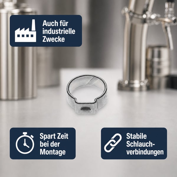Einohrschelle zur Befestigung, geeignet für industrielle Anwendungen, zeitsparende Montage und stabile Schlauchverbindungen.