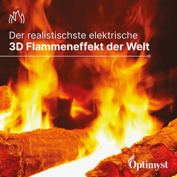 Realistischer dreidimensionaler Flammeneffekt für elektrische Kamine mit leuchtenden Flammen über Holzscheiten, Optimyst Logo.