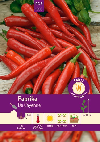 Samentüte Paprika De Cayenne mit roten Chilischoten, Symbolen für Anbauhinweise wie Saattiefe und Temperatur sowie Pabst Keimkraft Logo.
