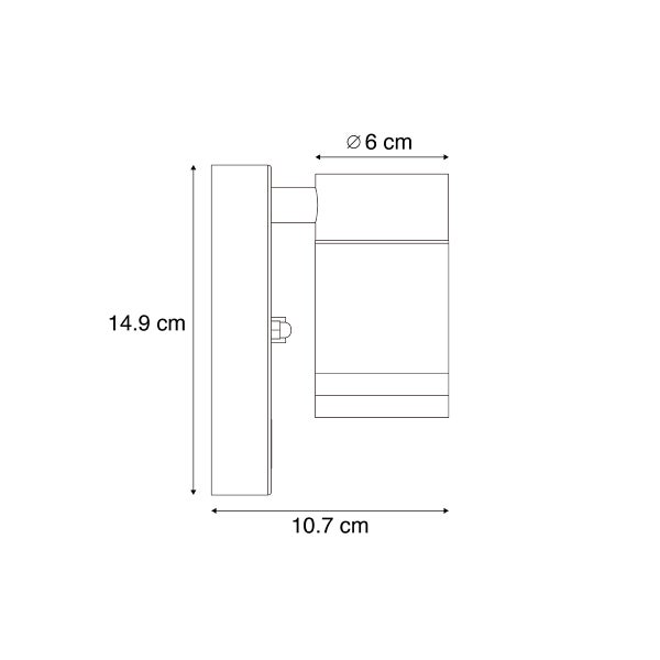 Technische Zeichnung einer Wandleuchte mit Maßangaben Höhe 14,9 Zentimeter Tiefe 10,7 Zentimeter Durchmesser 6 Zentimeter