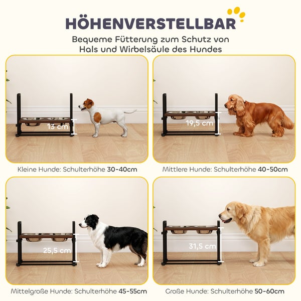 Höhenverstellbare Hundebar mit zwei Näpfen in vier Stufen für Hunde mit einer Schulterhöhe von 30 bis 60 Zentimetern.