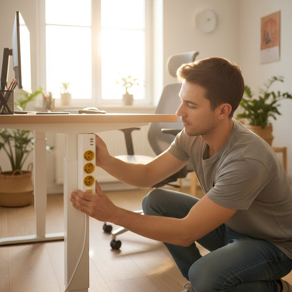 Ein Mann montiert eine Mehrfachsteckdosenleiste am Tischbein eines höhenverstellbaren Schreibtisches in einem hellen Arbeitszimmer.
