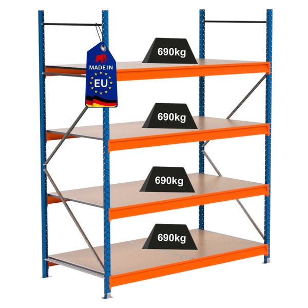 Schwerlastregal mit vier Ebenen und einem Anhänger Made in EU, die Traglast beträgt 690 kg