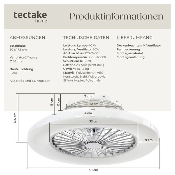 Tectake Home Deckenleuchte mit Ventilator und technischer Zeichnung sowie Abmessungen und technischen Daten in der Übersicht.