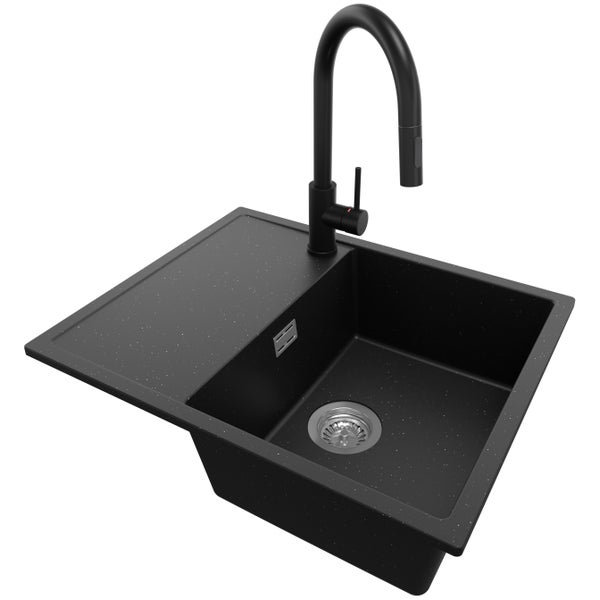 PRIMAGRAN Granitspüle Schwarz Metallic 62x50cm, Spülbecken 1 Becken + Küchenarmatur 40x20cm + Ablauf-Set, Küchenspüle ab 45er Unterschrank - Ibiza